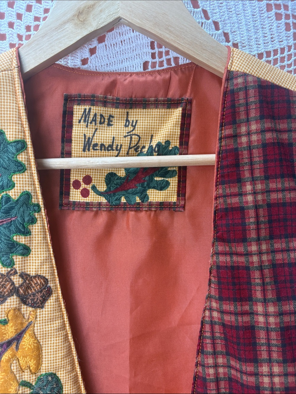 Handmade Autumn Patchwork Vest Oak Leaves Acorns Plaid - Picture 4 of 7